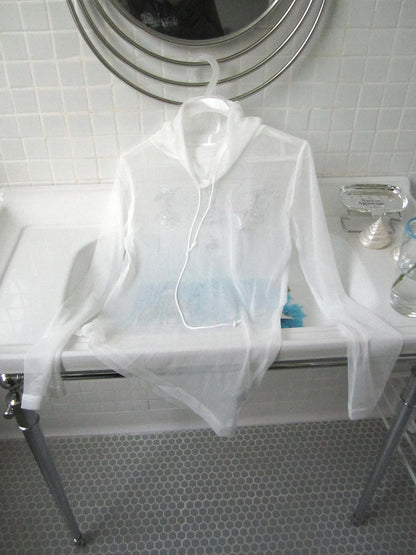 Layered White Mesh See Through Collared Long Sleeve Top
