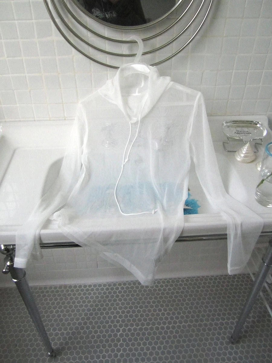 Layered White Mesh See Through Collared Long Sleeve Top