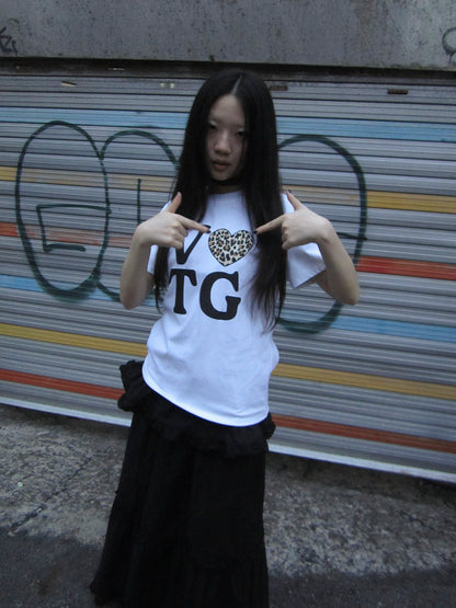Updateang project Korean Style Summer Leopard Print Heart Letter Print T Shirt