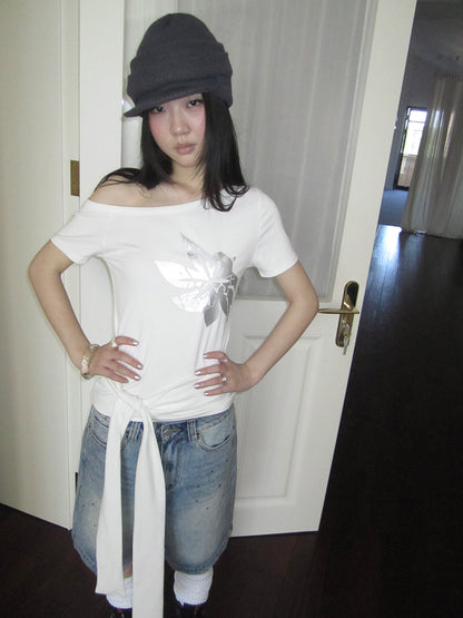 Updateang project Vintage Asymmetric Print Waist Tie Stretch Tee