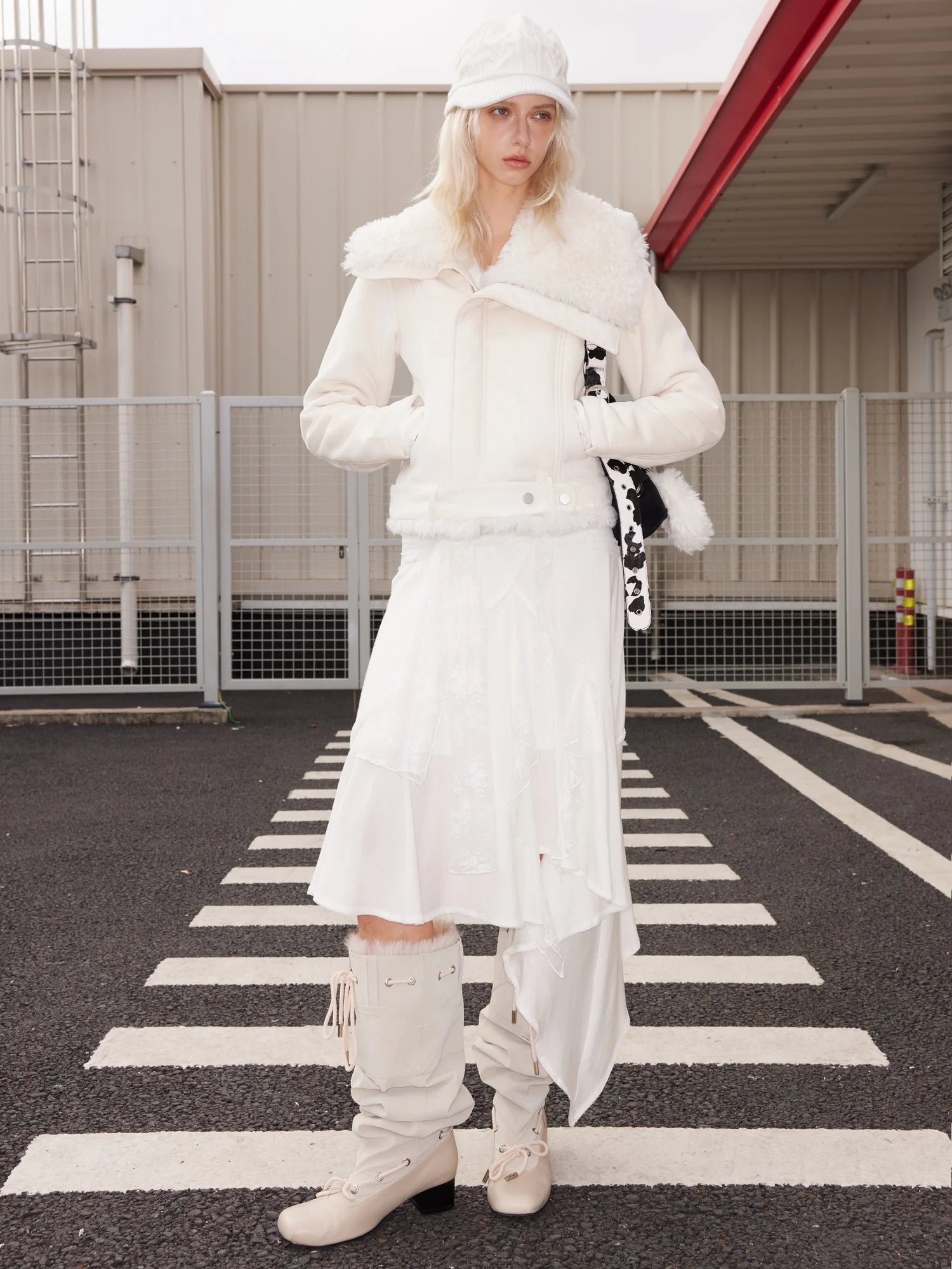 Asym Faux Fur Collar Short Padded Biker Jacket