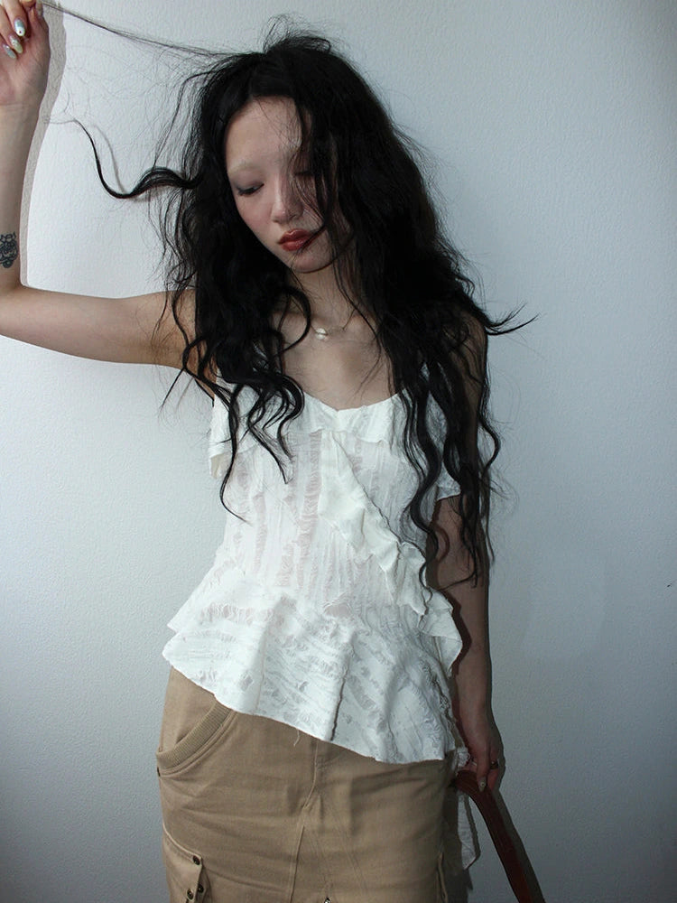 Distressed Asymmetrical Hem V-Neck Tank Top with Ruffle Straps