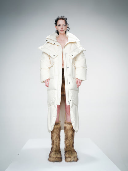 Long Hooded Down Coat With 90 % White Duck Feather Lightweight