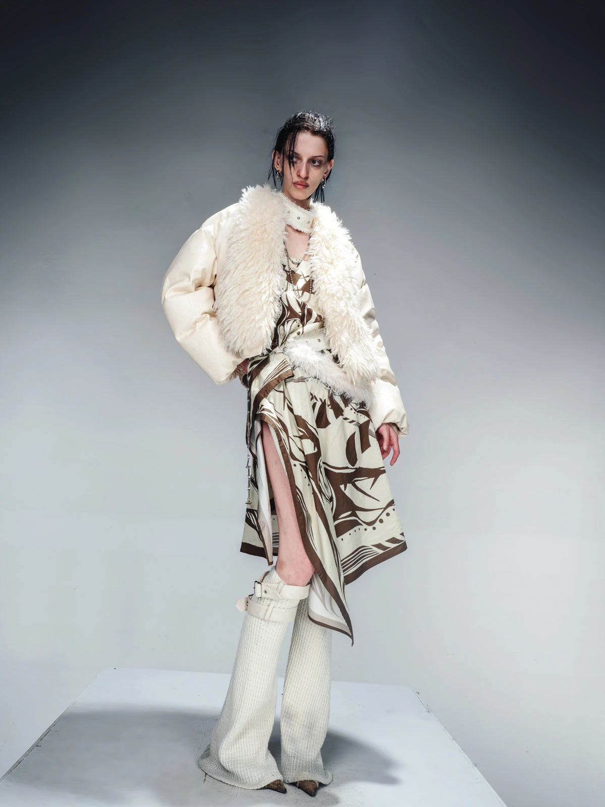Short Puffer Jacket With Eco Fur Trim And Textured Leather