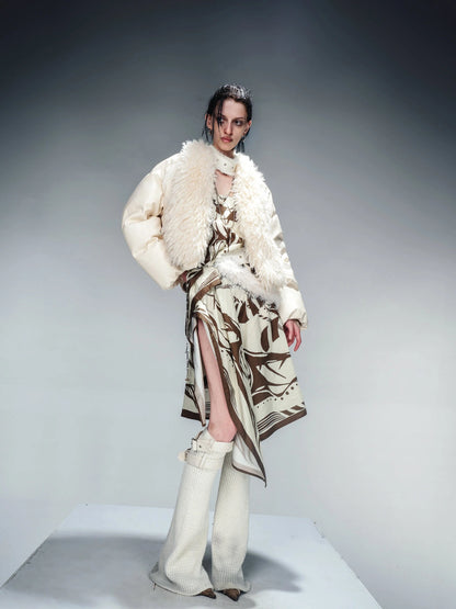 Short Puffer Jacket With Eco Fur Trim And Textured Leather