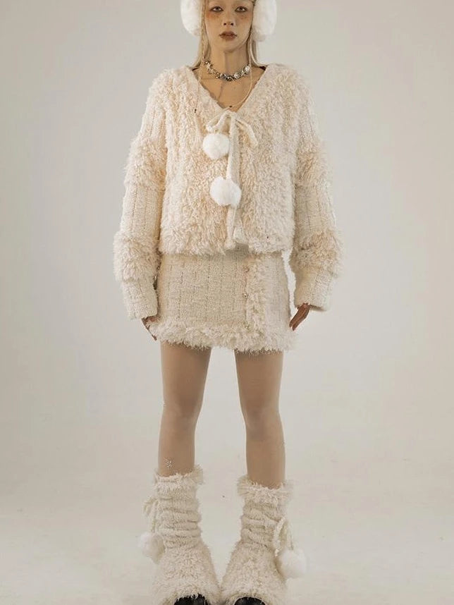 White Fluffy Christmas Schoolgirl Outfit Winter Skirt Set