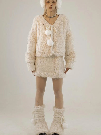 White Fluffy Christmas Schoolgirl Outfit Winter Skirt Set