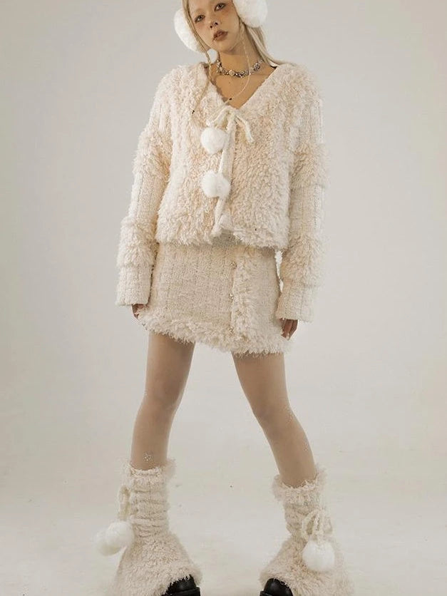 White Fluffy Christmas Schoolgirl Outfit Winter Skirt Set