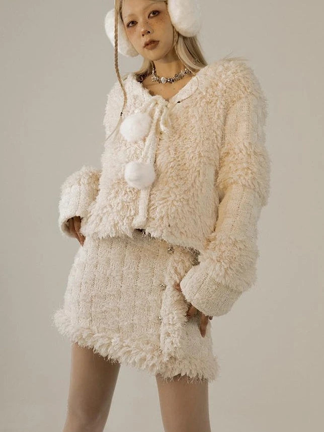 White Fluffy Christmas Schoolgirl Outfit Winter Skirt Set