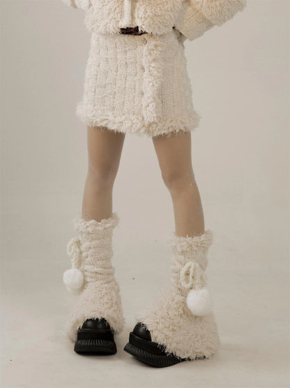 White Fluffy Christmas Schoolgirl Outfit Winter Skirt Set
