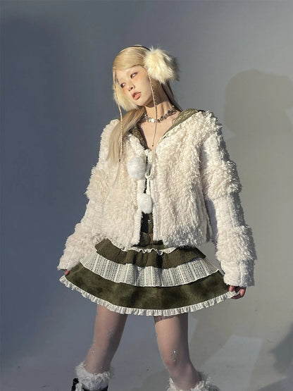 White Fluffy Christmas Schoolgirl Outfit Winter Skirt Set