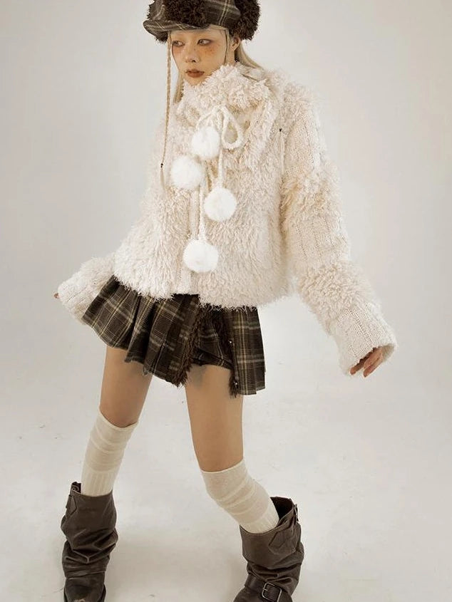 White Fluffy Christmas Schoolgirl Outfit Winter Skirt Set