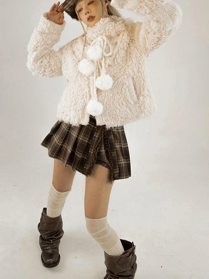 White Fluffy Christmas Schoolgirl Outfit Winter Skirt Set