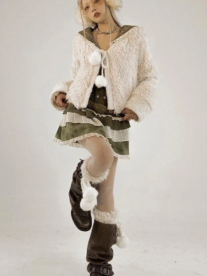 White Fluffy Christmas Schoolgirl Outfit Winter Skirt Set