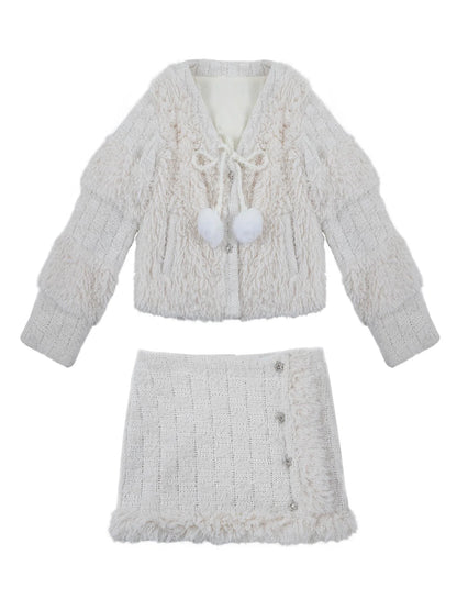 White Fluffy Christmas Schoolgirl Outfit Winter Skirt Set
