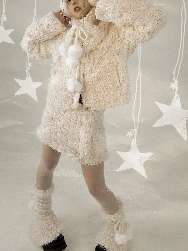 White Fluffy Christmas Schoolgirl Outfit Winter Skirt Set