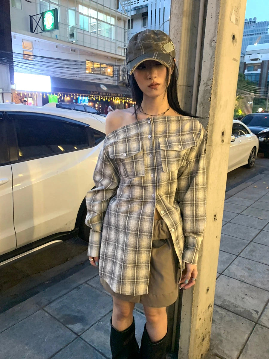 Retro Checkered Textured One Shoulder Button Up Blouse