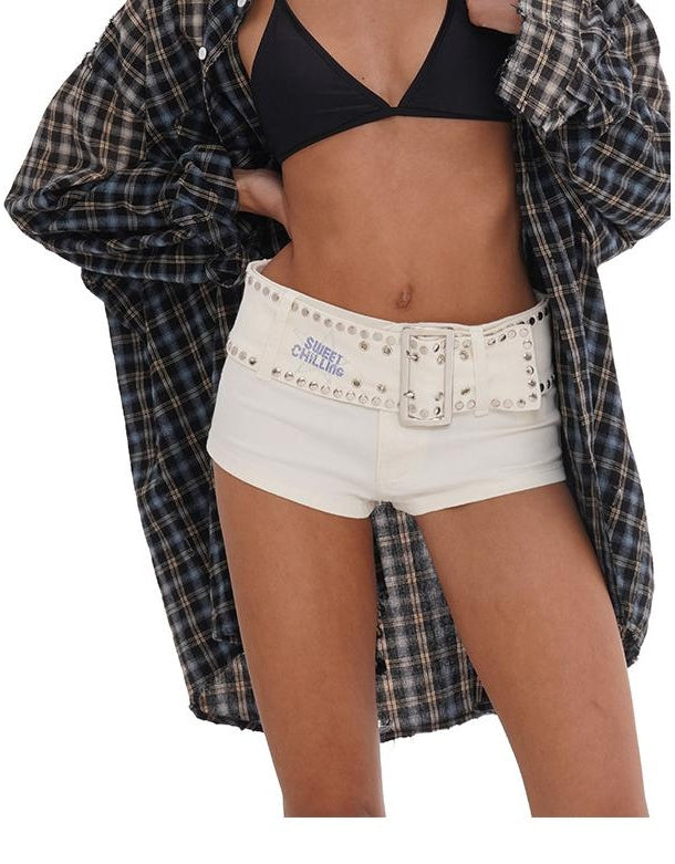 White High Waist Stretch Denim Shorts with Rhinestone Belt Detail