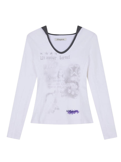 Starry Rain Hooded Tee V-Neck T-Shirt Long-Sleeve