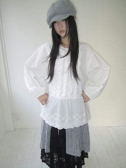 ang project Vintage White Embroidered Lace Trim Oversized Round Neck Blouse