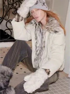 Fleece Lined Mittens with Neck Cord Fur Gloves for Women