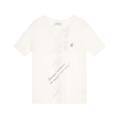 Achihara Sea Salt French Print Cropped Tee V-Neck T-Shirt Long-Sleeve