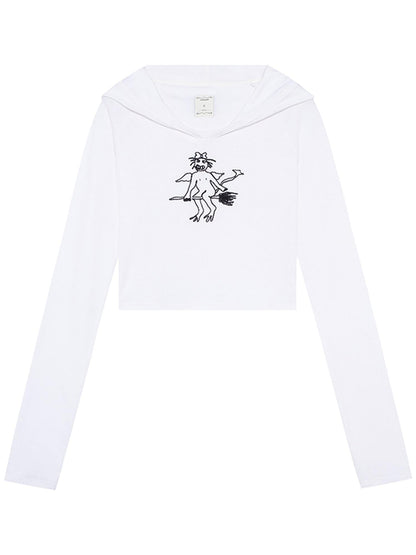 Achihara Magic Broom Print Hooded Long Sleeve Tee
