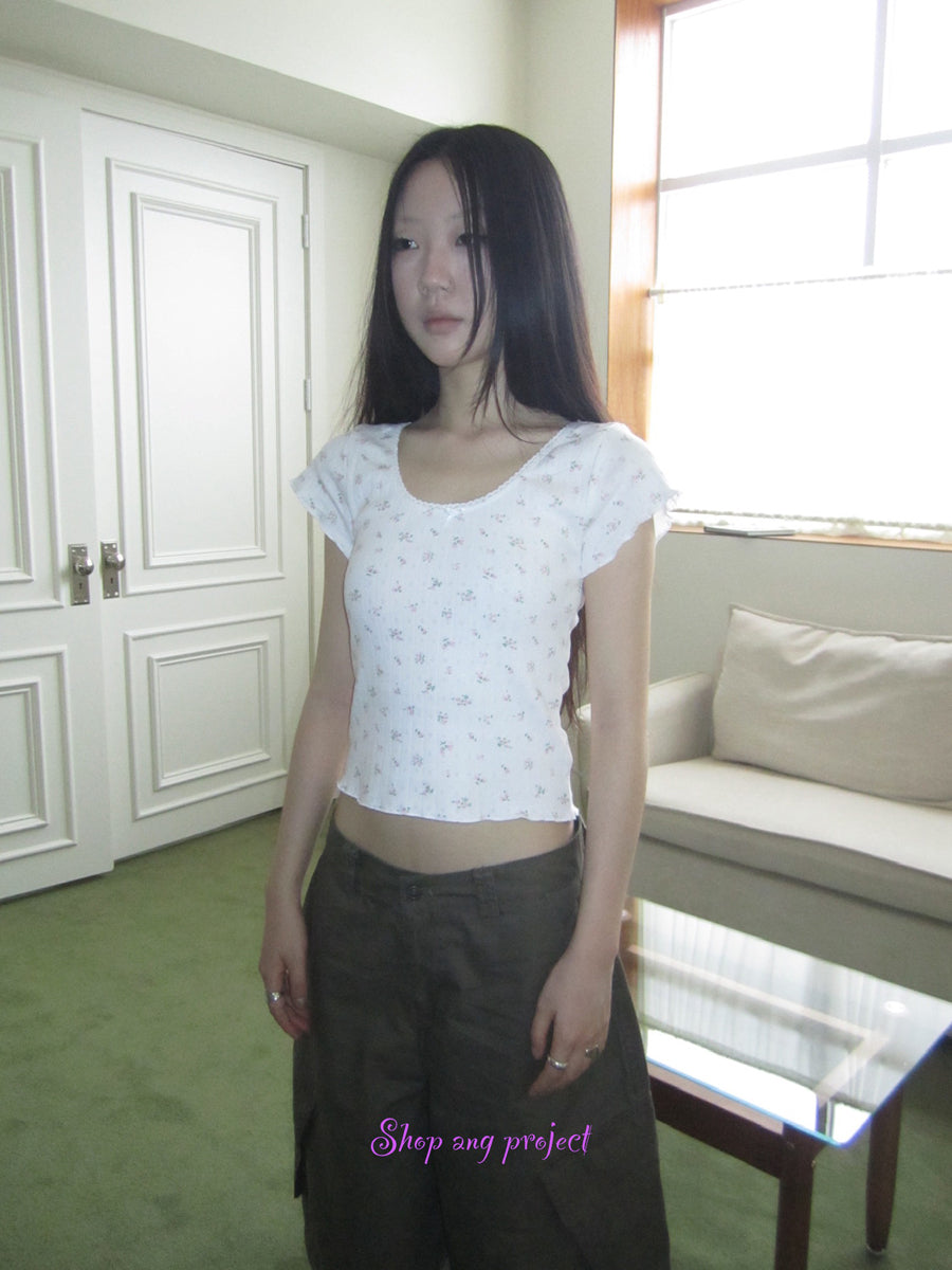 Updateang project Sweet Floral Bow Short Sleeve T-Shirt Women Stretchy Fit Top