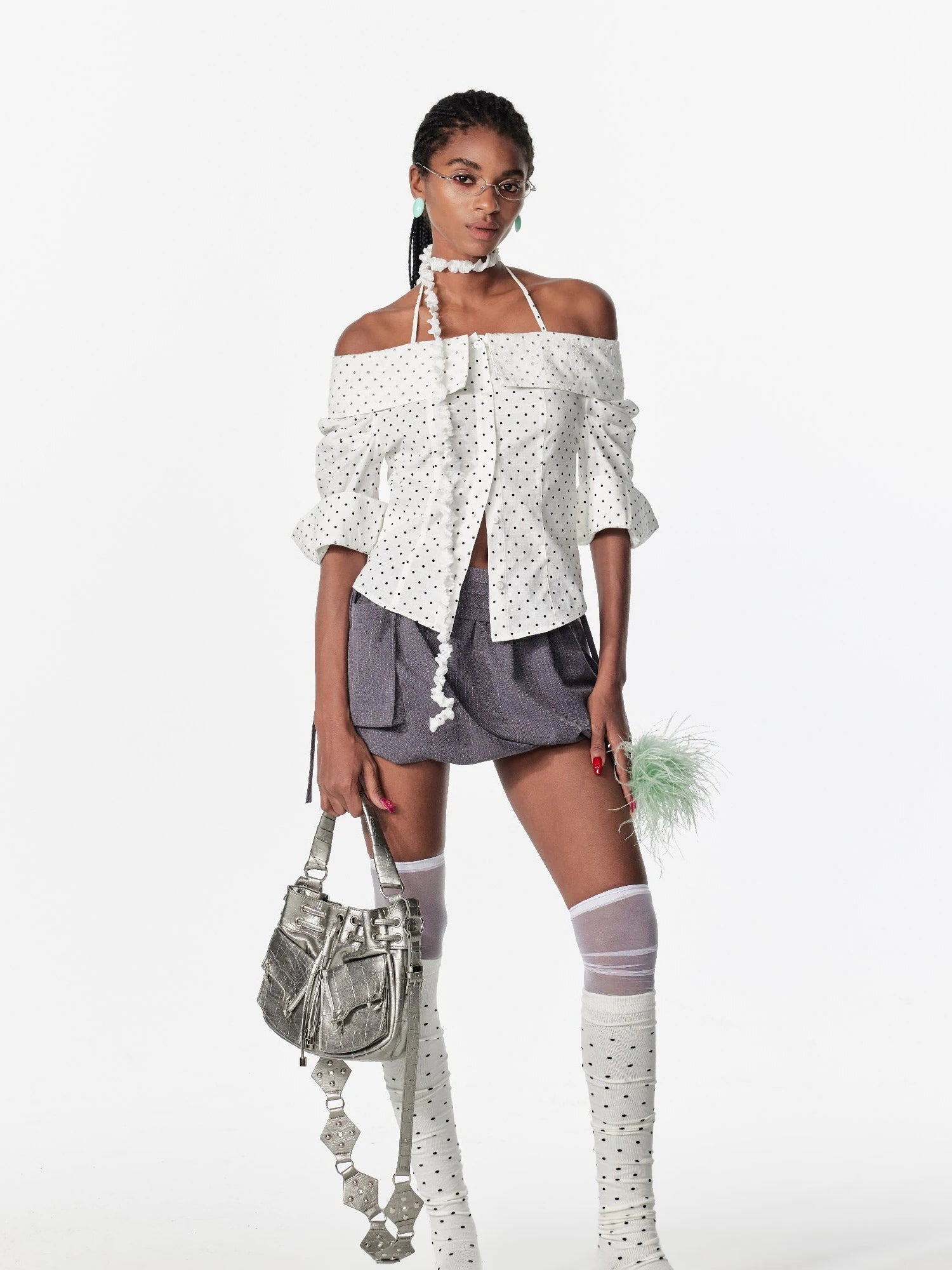 Off Shoulder Lace Trim Fitted Blouse With C Cut Back