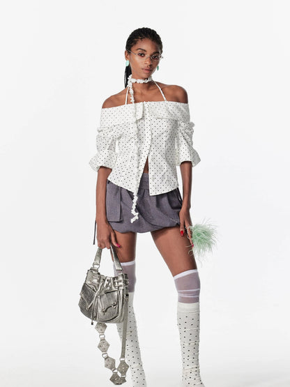 Off Shoulder Lace Trim Fitted Blouse With C Cut Back