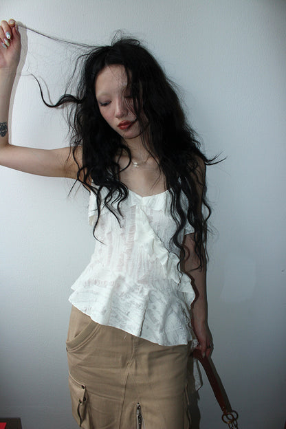 Updateang project Distressed Asymmetrical Hem V-Neck Tank Top with Ruffle Straps