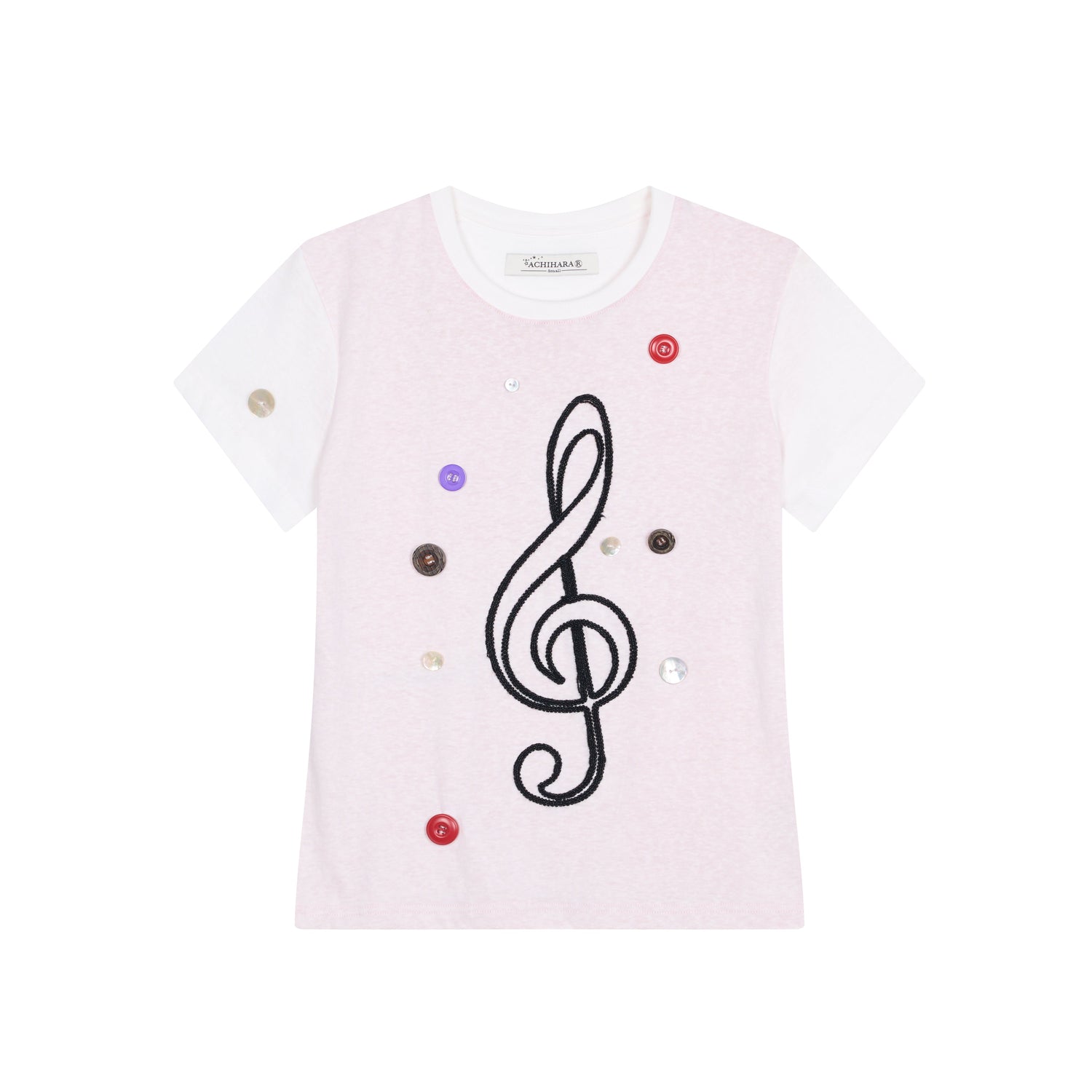 Achihara Music Button Embroidered Tee V Neck T Shirt Long Sleeve