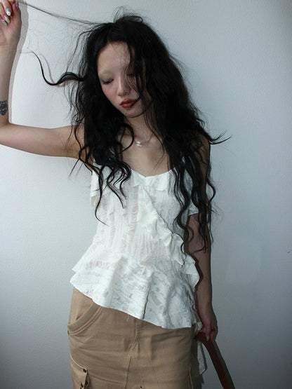 Distressed Asymmetrical Hem V-Neck Tank Top with Ruffle Straps
