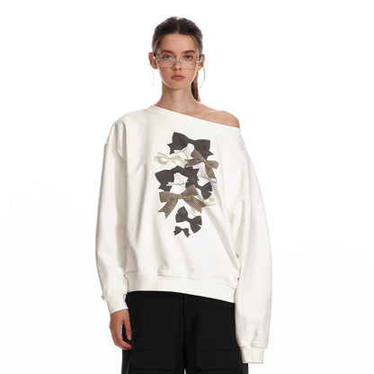 ALINNV STUDIO Off Shoulder Bow Print Slouchy Sweatshirt