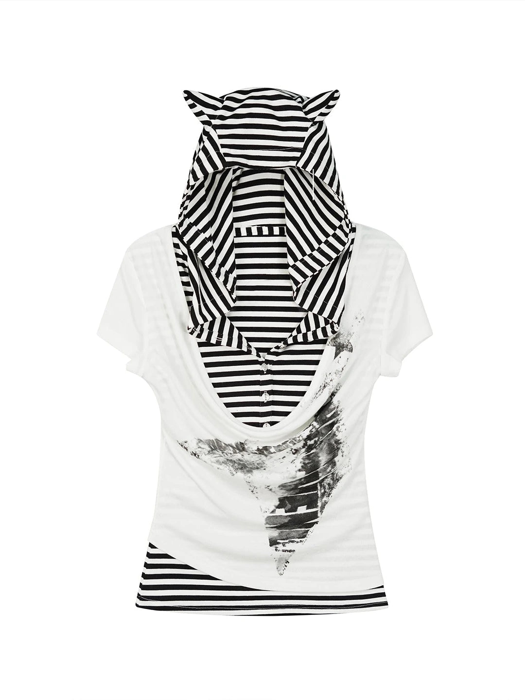 Sea Witch Poetry Star Print Cat Ear Striped Tee V-neck T-shirt Long-Sleeve