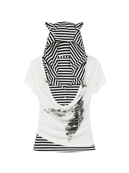 Sea Witch Poetry Star Print Cat Ear Striped Tee V-neck T-shirt Long-Sleeve