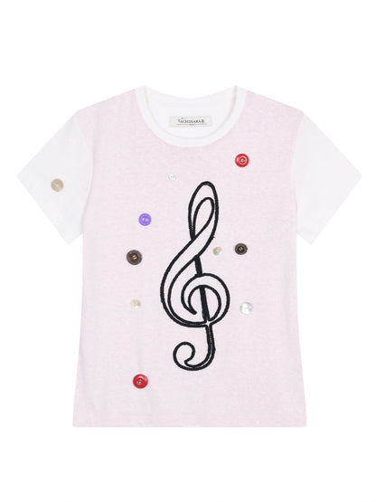 Music Button Embroidered Tee V Neck T Shirt Long Sleeve