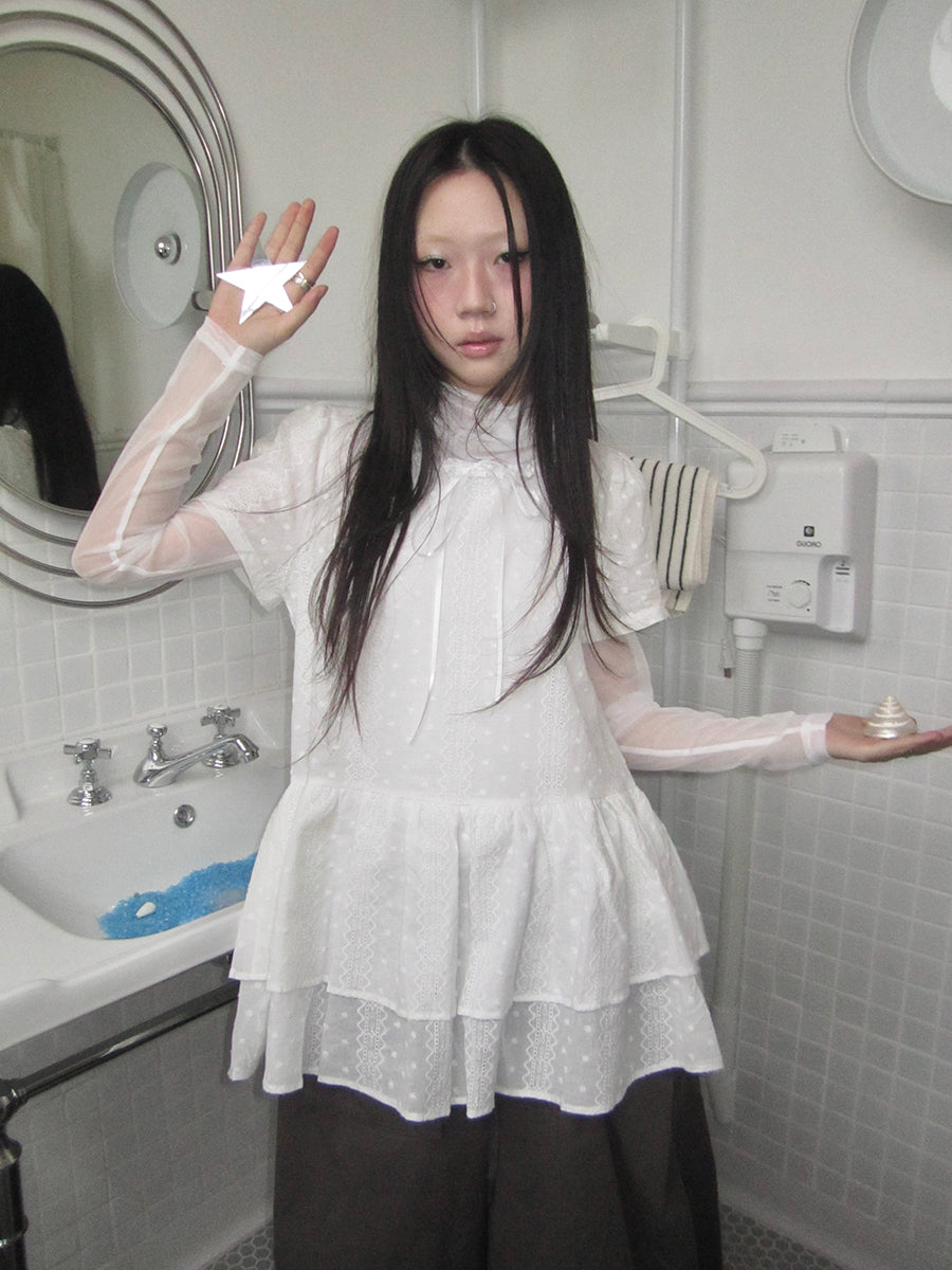 Updateang project French Lace Embroidered White Tiered Hem Short Sleeve Top