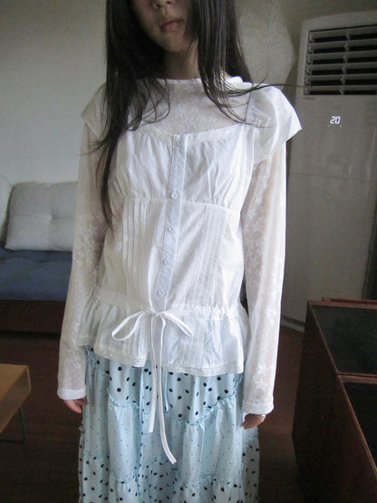 Lace Trimmed Tied Waist Pleated Short Sleeve Blouse