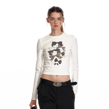 ALINNV STUDIO Bow Print Fitted Long Sleeve Tee