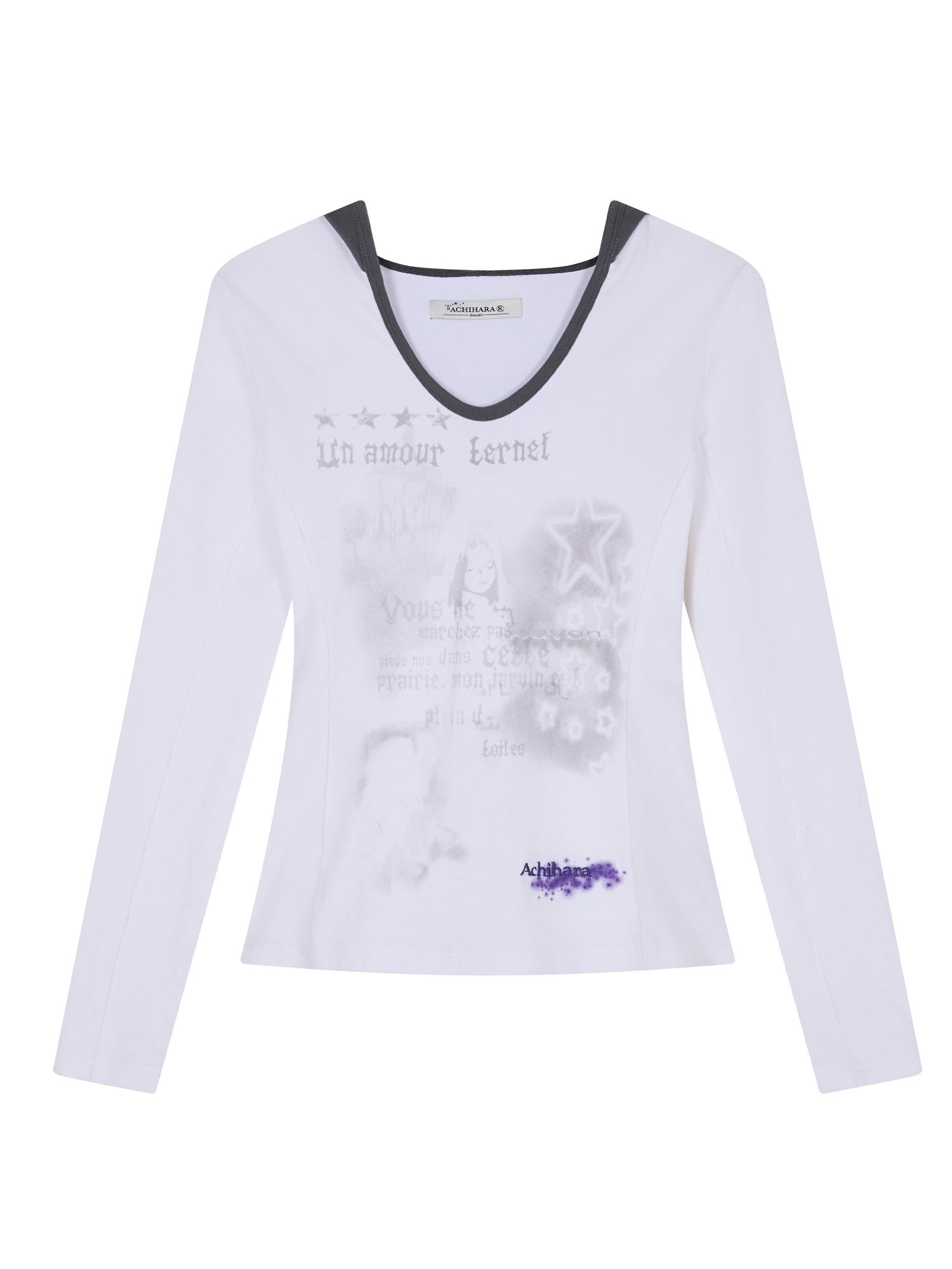 Achihara Starry Rain Hooded Tee V-Neck T-Shirt Long-Sleeve
