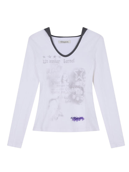 Achihara Starry Rain Hooded Tee V-Neck T-Shirt Long-Sleeve
