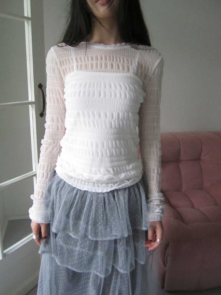 Updateang project Vintage Sweet Ruffled Lace Mesh Long Sleeve V Neck T Shirt