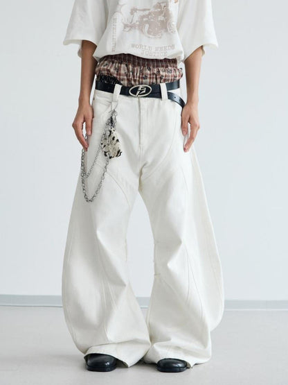 Peoplesense White Pleated Loose Wide Leg Denim Pants