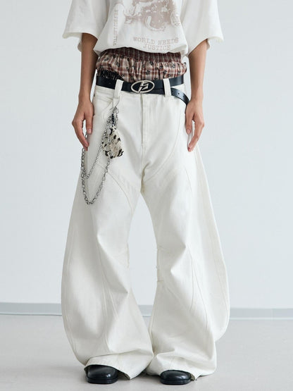 Peoplesense White Pleated Loose Wide Leg Denim Pants