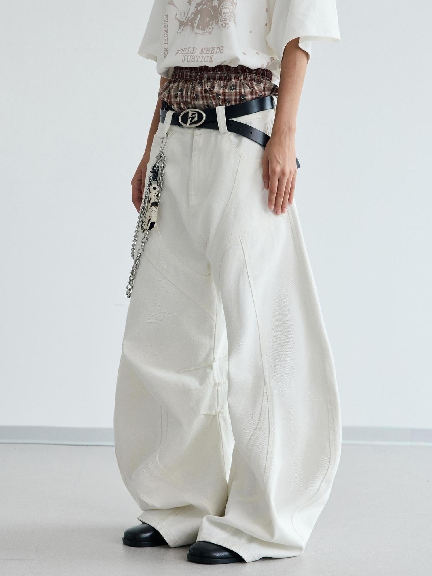 Peoplesense White Pleated Loose Wide Leg Denim Pants