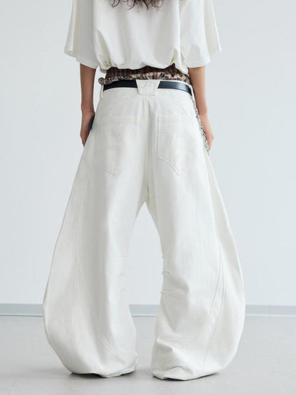 Peoplesense White Pleated Loose Wide Leg Denim Pants