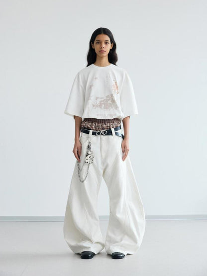 Peoplesense White Pleated Loose Wide Leg Denim Pants