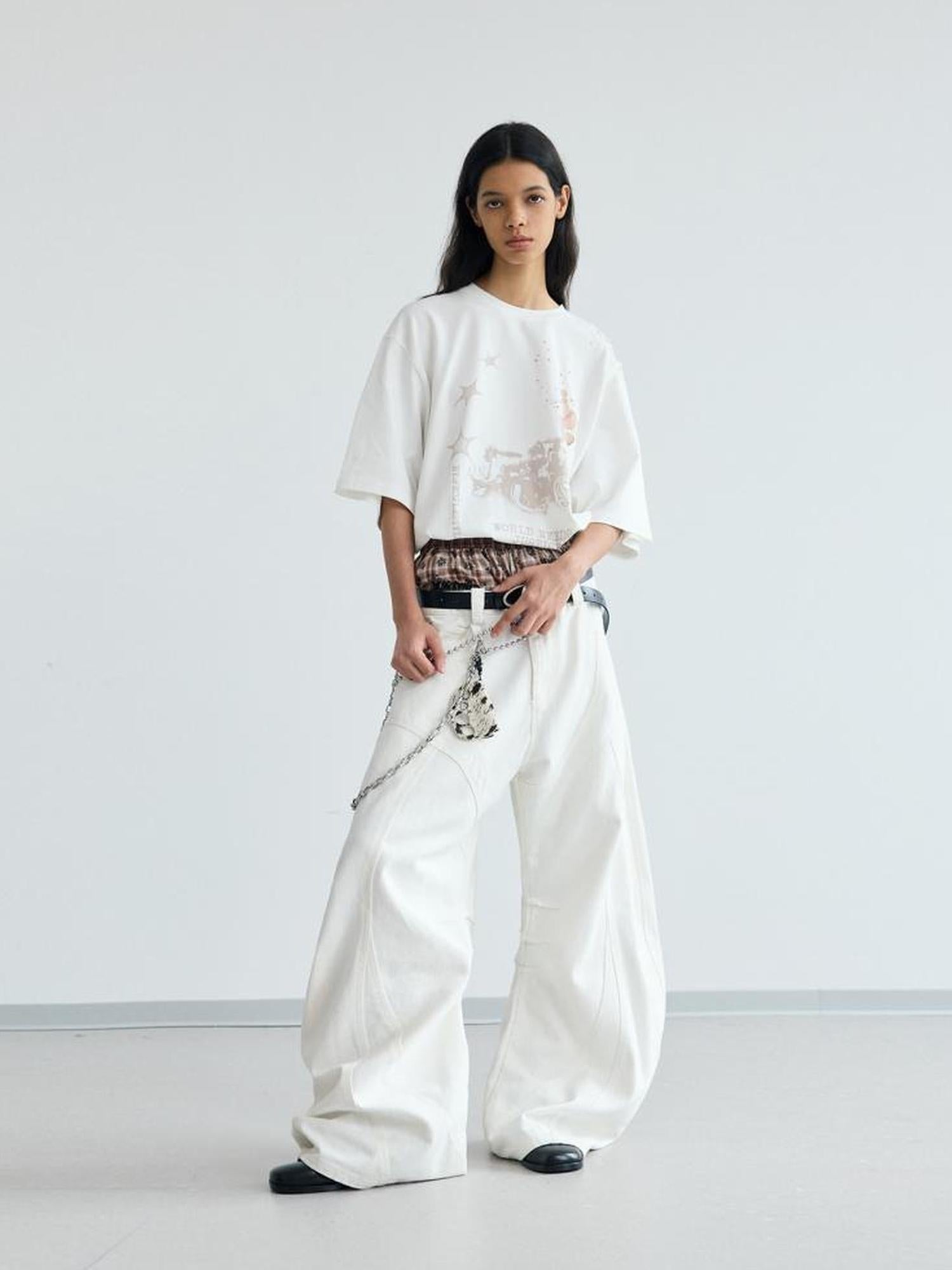 Peoplesense White Pleated Loose Wide Leg Denim Pants