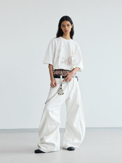 Peoplesense White Pleated Loose Wide Leg Denim Pants
